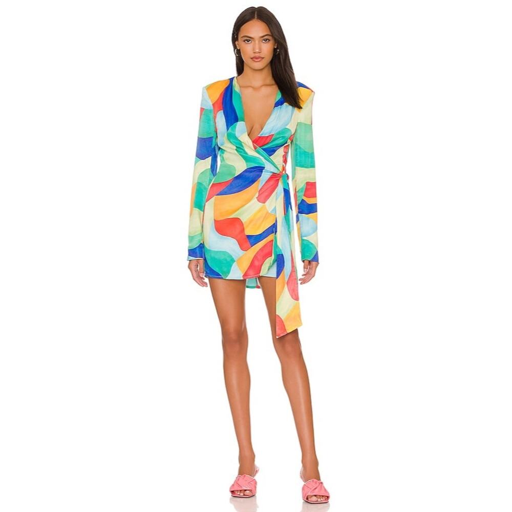 WeWoreWhat Multicolor Watercolor Long Sleeve Wrap Mini Dress Women's Size Medium